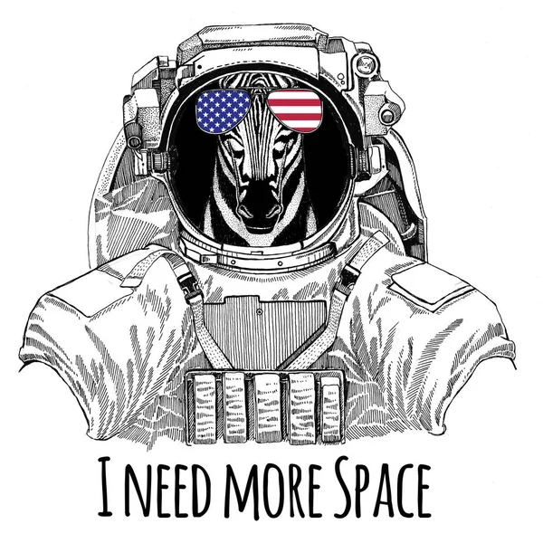 USA flagga glasögon amerikansk flagga USA flagga Zebra häst bära rymddräkt vilda djur astronaut Spaceman Galaxy prospektering Hand dras illustration för t-shirt — Stockfoto