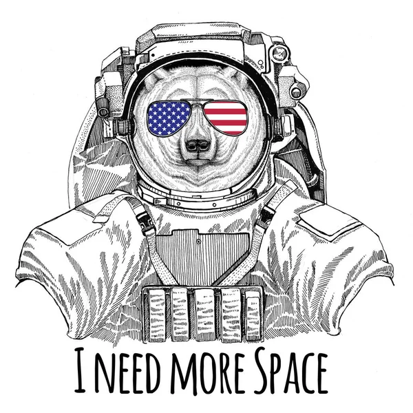 EE.UU. gafas de bandera Bandera americana Bandera de los Estados Unidos Oso polar con traje espacial Astronauta animal salvaje Astronauta espacial Exploración de galaxias Ilustración dibujada a mano para camiseta —  Fotos de Stock