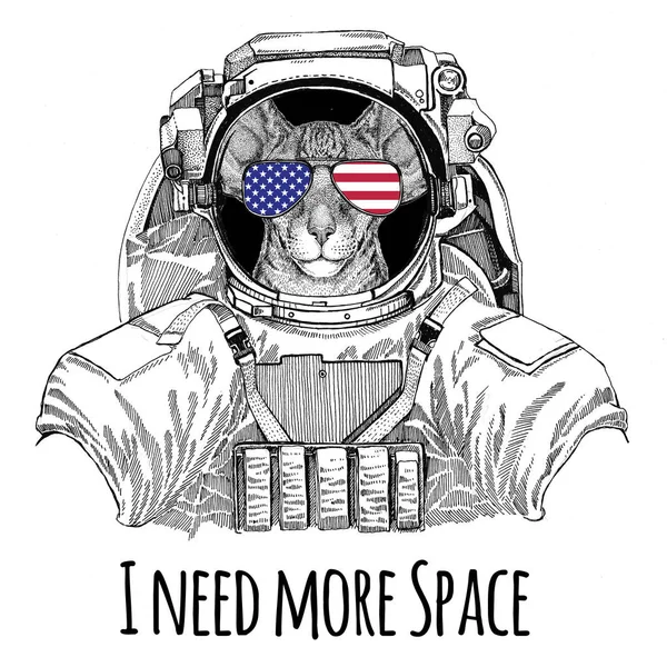 ABD bayrağı gözlük Amerikan bayrağı Amerika Birleşik Devletleri bayrağı oryantal kedi koca kulaklı uzay giysisi vahşi hayvan astronot uzay adamı Galaxy keşif el giyen illüstrasyon t-shirt için çizilmiş — Stok fotoğraf