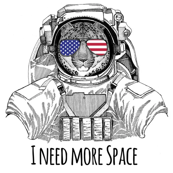 USA flagga glasögon amerikansk flagga USA flagga vild katt Leopard katt-o-berg Panther bära rymddräkt vilda djur astronaut Spaceman Galaxy prospektering Hand dras illustration för t-shirt — Stockfoto