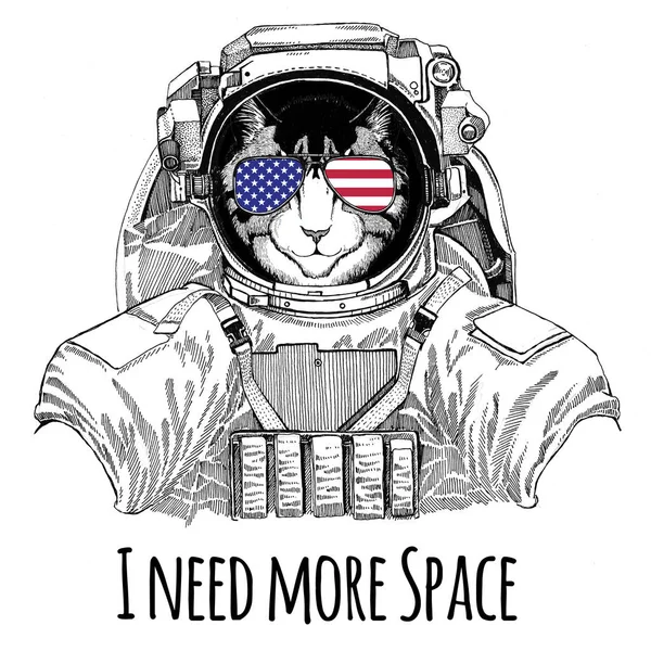 ABD bayrağı gözlük Amerikan bayrağı Amerika Birleşik Devletleri bayrağı yerli kedi alan takım vahşi hayvan astronot uzay adamı Galaxy keşif el elbise görüntü illüstrasyon t-shirt için çizilmiş — Stok fotoğraf