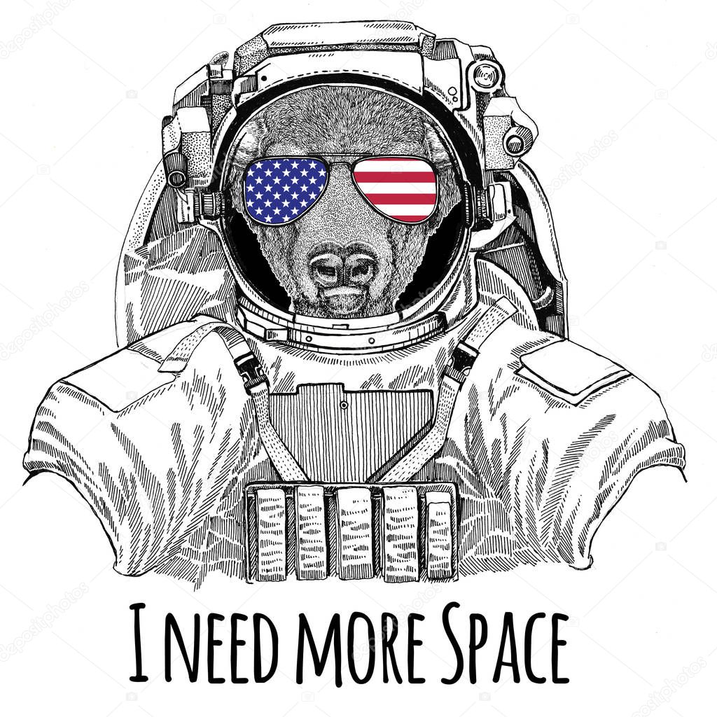 Usa flag glasses American flag United states flag Bull, bison, ox wearing space suit Wild animal astronaut Spaceman Galaxy exploration Hand drawn illustration for t-shirt