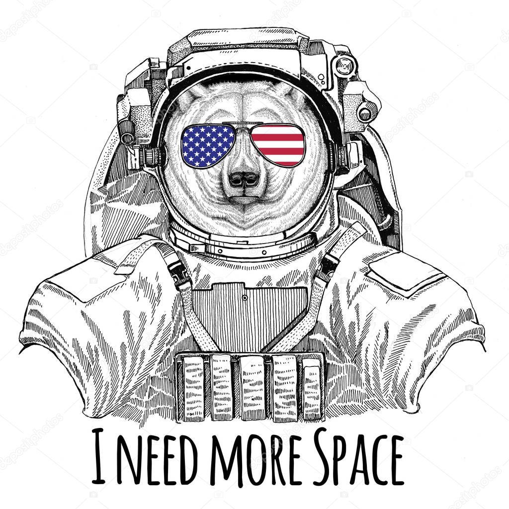 Usa flag glasses American flag United states flag Polar bear wearing space suit Wild animal astronaut Spaceman Galaxy exploration Hand drawn illustration for t-shirt
