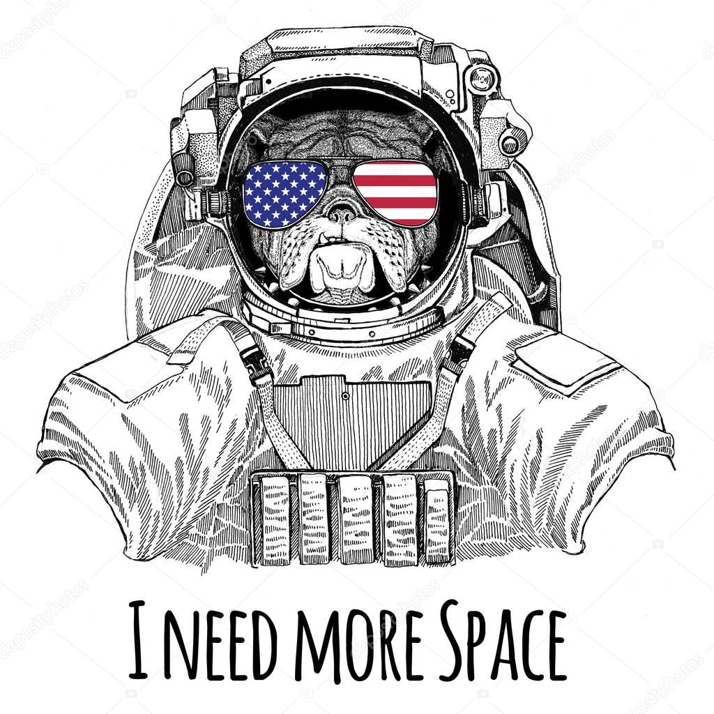 Usa flag glasses American flag United states flag Bulldog wearing space suit Wild animal astronaut Spaceman Galaxy exploration Hand drawn illustration for t-shirt