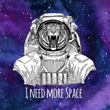 Hayvan astronot vahşi Kaplan yıldız ve bulutsu suluboya gökada arka plan ile uzay giysisi Galaxy alan arka plan giyiyor