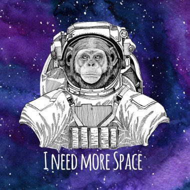 Hayvan astronot şempanze maymun giyen uzay giysisi Galaxy alan arka plan yıldız ve bulutsunun suluboya gökada arka plan ile