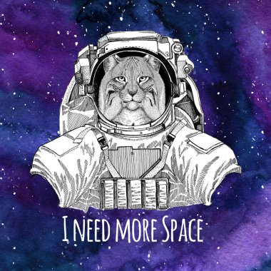 Hayvan astronot vahşi kedi Lynx Bobcat tırıs giyen uzay giysisi Galaxy alan arka plan yıldız ve bulutsunun suluboya gökada arka plan ile