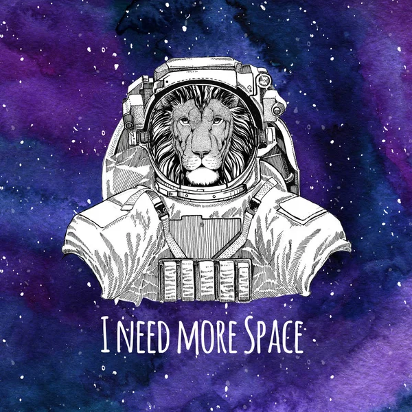 Animal astronaut Wild Lion wearing space suit Galaxy space background with stars and nebula Watercolor galaxy background