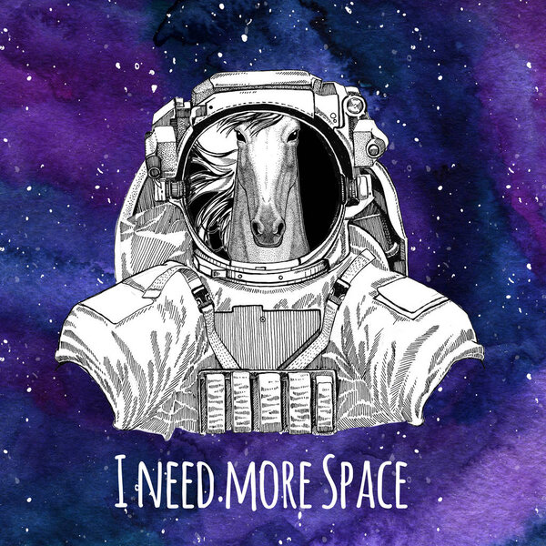 Animal astronaut Horse, hoss, knight, steed, courser wearing space suit Galaxy space background with stars and nebula Watercolor galaxy background