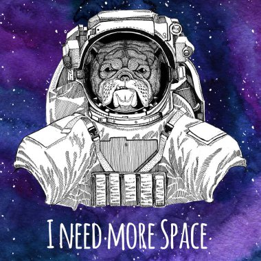 Hayvan astronot Bulldog giyen uzay giysisi Galaxy alan arka plan yıldız ve bulutsunun suluboya gökada arka plan ile