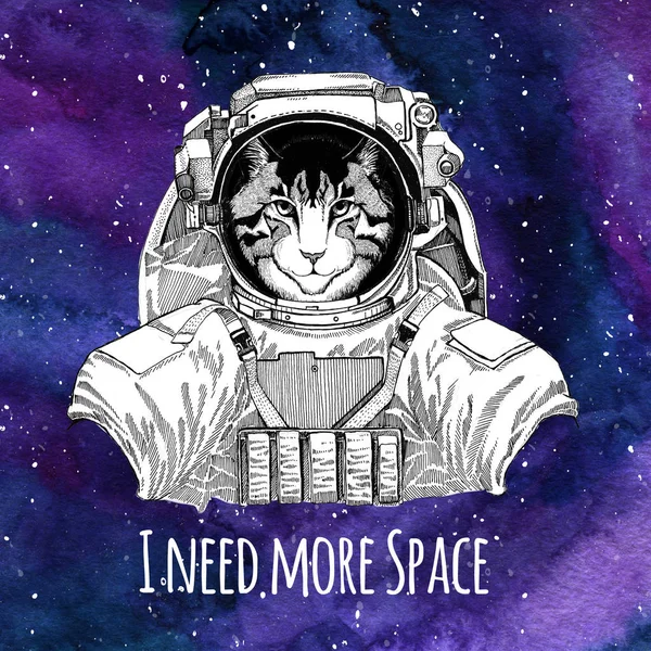 Animal astronaute Image du chat domestique portant une combinaison spatiale Fond de l'espace Galaxy avec étoiles et nébuleuse Aquarelle fond de la galaxie — Photo