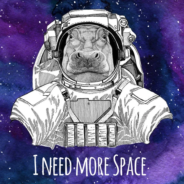 Animal astronaut Hippo, Hippopotamus, behemoth, river-horse wearing space suit Galaxy space background with stars and nebula Watercolor galaxy background