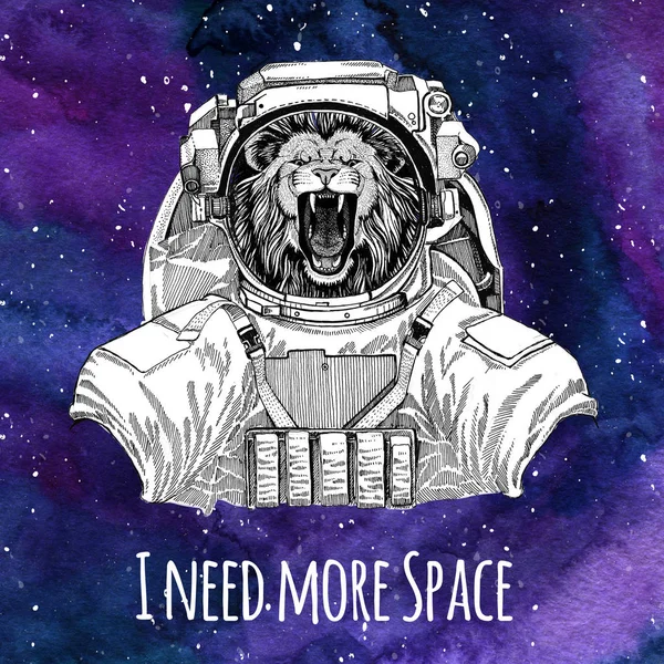 Animal astronaut Lion wearing space suit Galaxy space background with stars and nebula Watercolor galaxy background