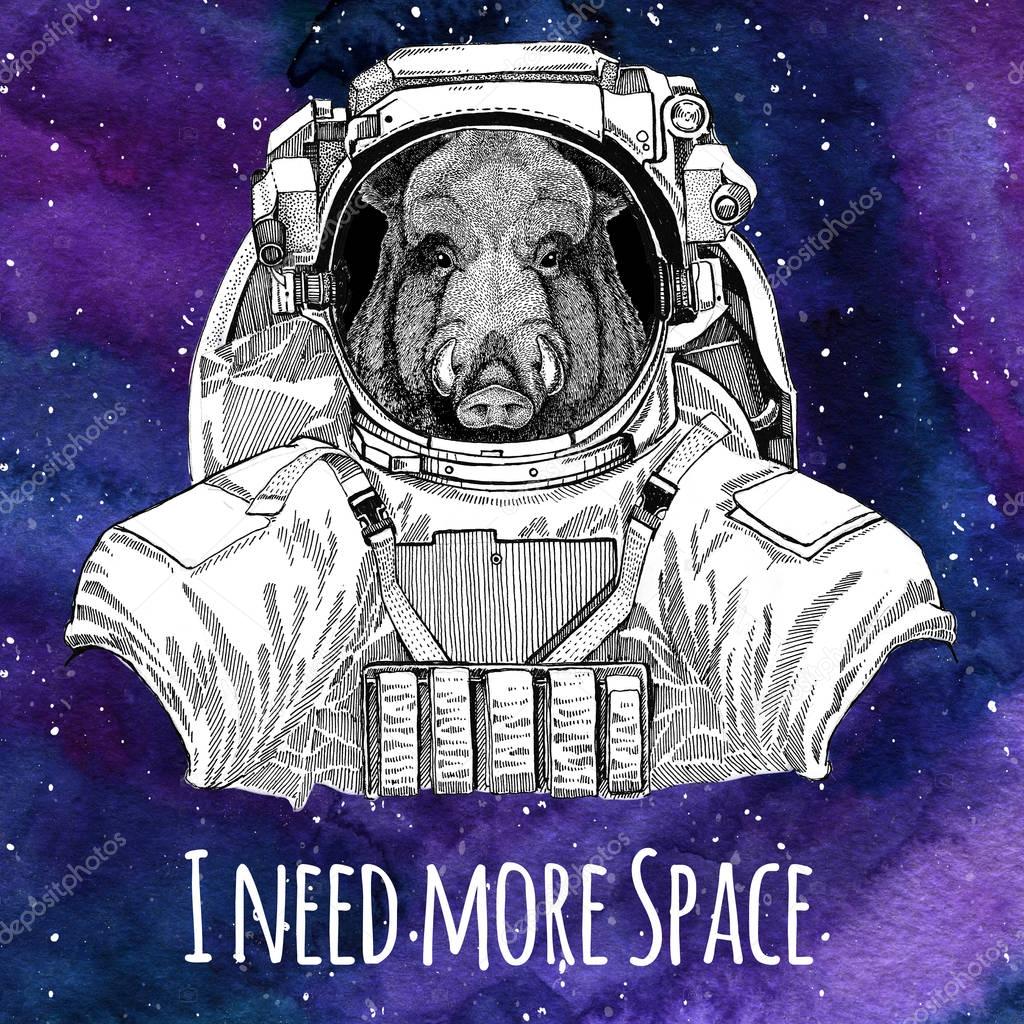 Animal astronaut Aper, boar, hog, hog, wild boar wearing space suit Galaxy space background with stars and nebula Watercolor galaxy background