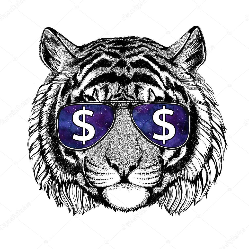T-shirt print with wild animal wearing glasses with dollar sign