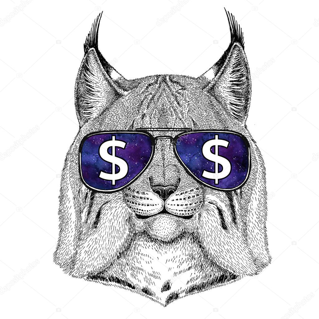 T-shirt print with wild animal wearing glasses with dollar sign