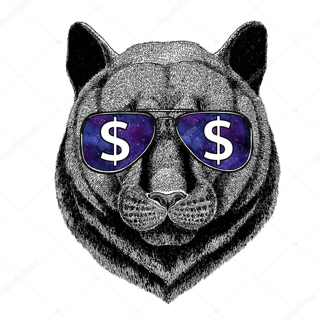 T-shirt print with wild animal wearing glasses with dollar sign