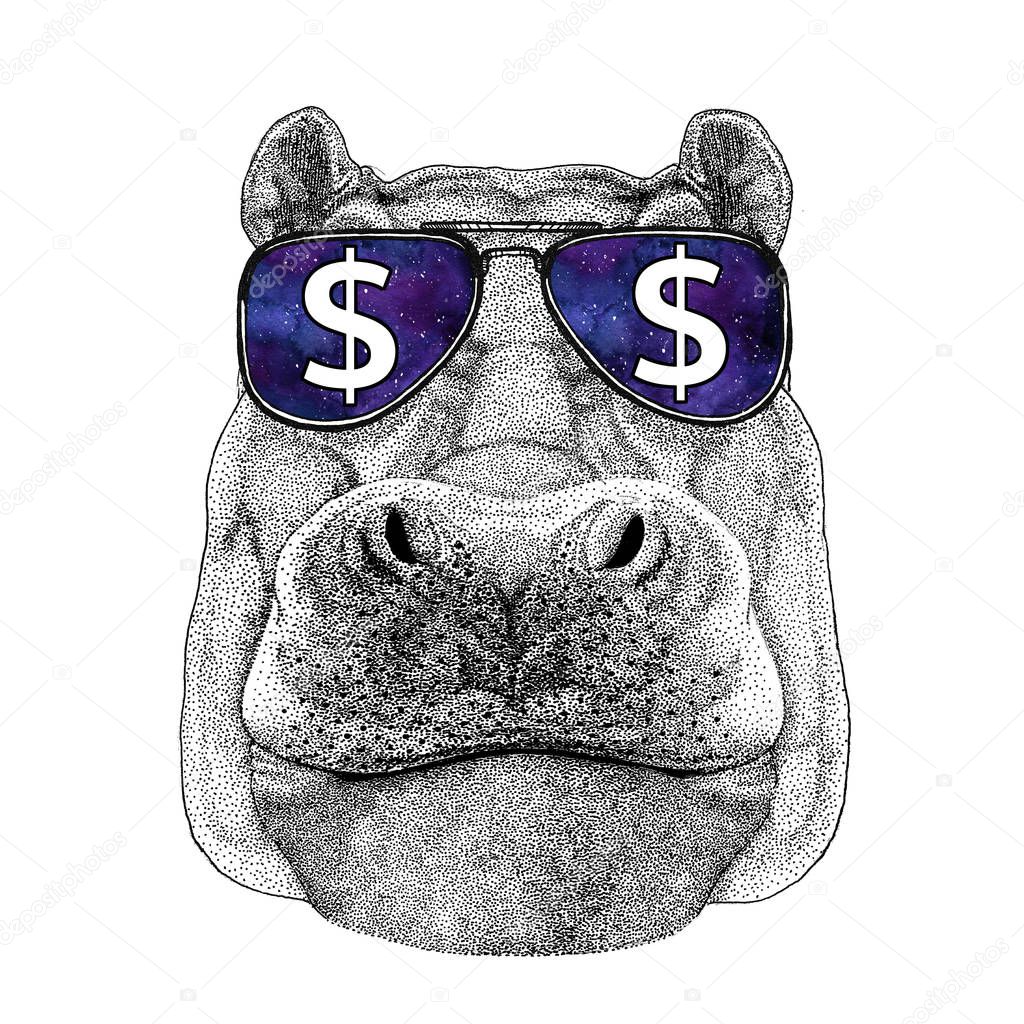 T-shirt print with wild animal wearing glasses with dollar sign