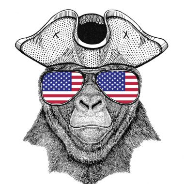 Goril, maymun, maymun korkunç hayvan giyen korsan şapkası Cocked hat, tricorn denizci, denizci, mariner veya gemici