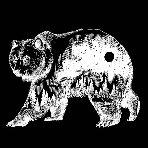 Arte de tatuagem de dupla exposição de urso vetorial. Canadá. Montanhas, bússola. Urso castanho Urso grizzly silhueta t-shirt design Símbolo de turismo, aventura, grande exterior . — Vetor de Stock