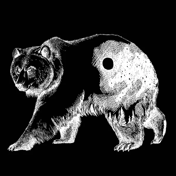 Arte de tatuagem de dupla exposição de urso vetorial. Canadá. Montanhas, bússola. Urso castanho Urso grizzly silhueta t-shirt design Símbolo de turismo, aventura, grande exterior . — Vetor de Stock