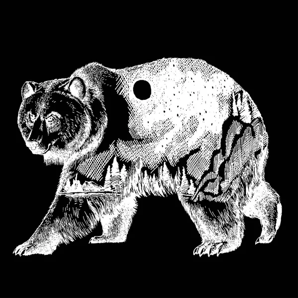 矢量熊双曝光纹身艺术。加拿大。山，指南针。棕色的熊熊灰熊剪影 t 恤设计大户外探险，旅游符号. — 图库矢量图片