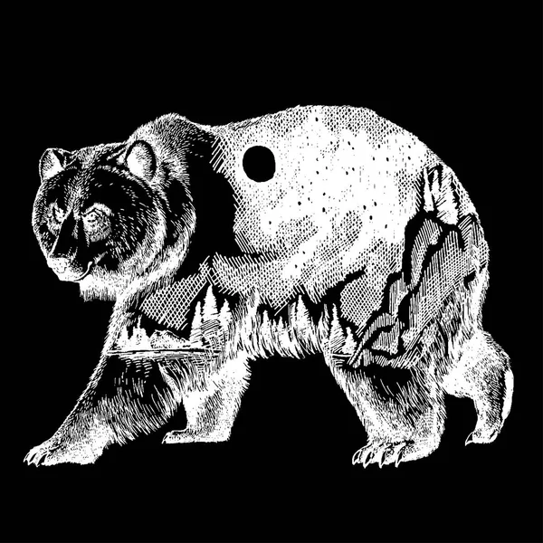 Tatouage d'ours vectoriel double exposition art. Le Canada. Montagnes, boussole. Ours brun Ours grizzli silhouette t-shirt design Symbole du tourisme, aventure, grand air . — Image vectorielle