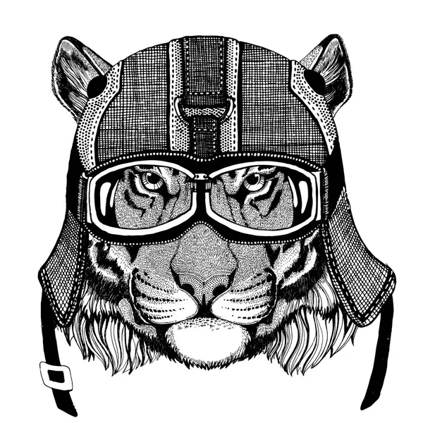 Vild tiger bär motorcykelhjälm, aviator hjälm Illustration för t-shirt, patch, logotyp, badge, emblem, logotype Biker t-shirt med vilda djur — Stockfoto