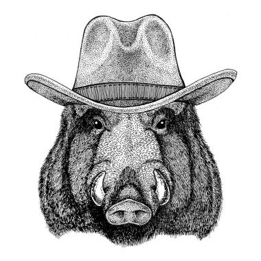 Aper, boar, hog, hog, wild boar Wild animal wearing cowboy hat Wild west animal Cowboy animal T-shirt, poster, banner, badge design clipart