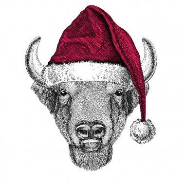 Buffalo, bison, öküz, boğa Christmas illüstrasyon vahşi hayvan Noel giyen santa claus şapka kırmızı kış şapka tatil resim mutlu yeni yıl