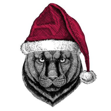 Noel giyen Panter Puma Cougar vahşi kedi Christmas illüstrasyon vahşi hayvan santa claus şapka kırmızı kış şapka tatil resim mutlu yeni yıl