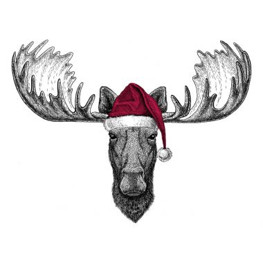 Moose, elk Christmas illüstrasyon vahşi hayvan Noel giyen Noel Baba şapkası kırmızı kış şapka tatil resim mutlu yeni yıl