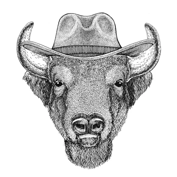 Buffalo, bisonte, boi, touro Animal selvagem vestindo chapéu de cowboy Animal selvagem do oeste T-shirt do animal do vaqueiro, cartaz, bandeira, design do distintivo — Fotografia de Stock