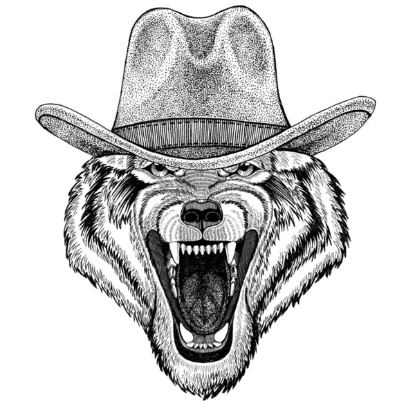 Wolf hond Wild dier wilde dieren dragen cowboyhoed wilde westen dierlijke Cowboy dier T-shirt, poster, banner, badge ontwerpen — Stockfoto