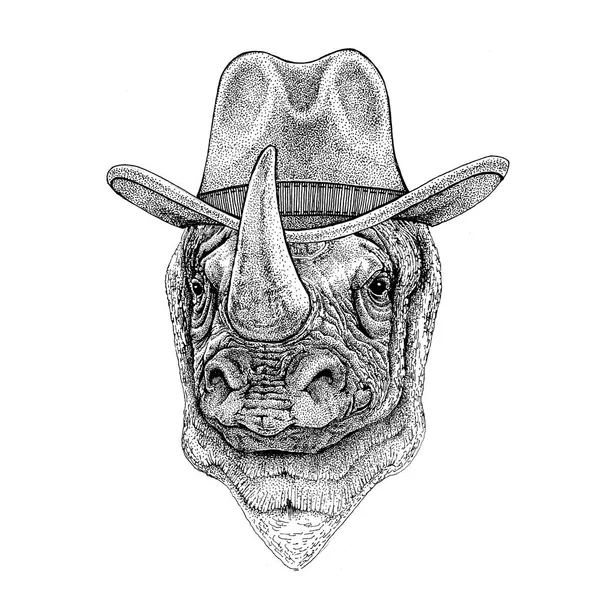 Rinoceronte, rinoceronte Animal selvagem vestindo chapéu de cowboy Animal selvagem do oeste T-shirt, cartaz, banner, design de crachá — Fotografia de Stock