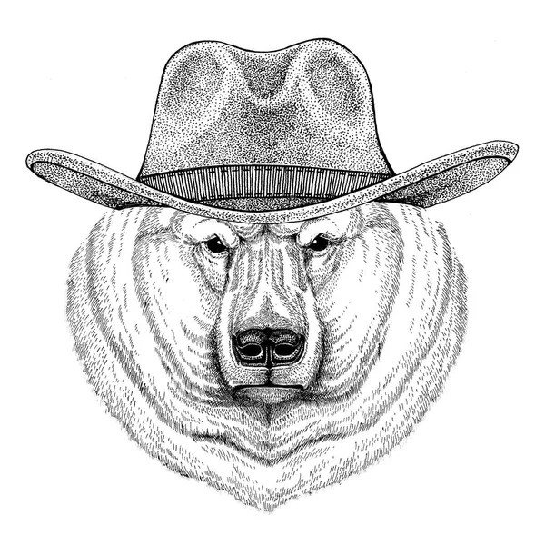 Urso polar Animal selvagem usando chapéu de cowboy Animal selvagem do oeste T-shirt de animal de vaqueiro, cartaz, bandeira, design de crachá — Fotografia de Stock