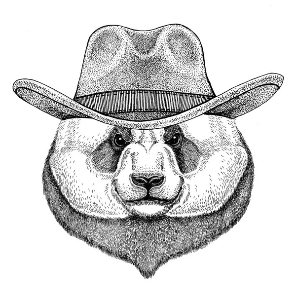 Miś Panda, bambus niedźwiedź dzikie zwierzę sobie kowbojski kapelusz dziki zachód zwierzę Cowboy T-shirt, plakat, baner, odznaka projekt — Zdjęcie stockowe