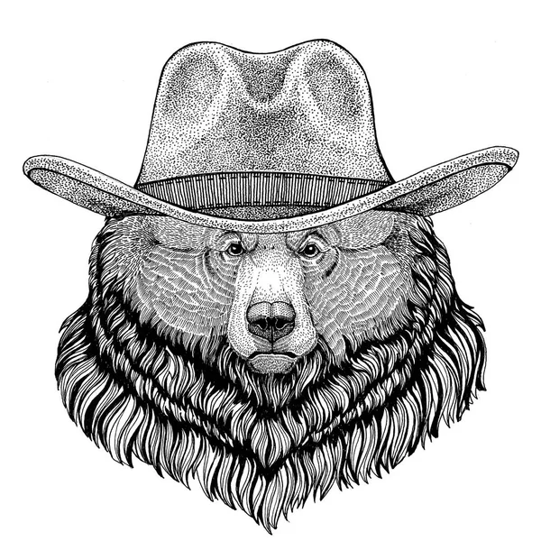 Niedźwiedź Grizzly duży dziki niedźwiedź dzikich zwierząt sobie kowbojski kapelusz dzikiego zachodu Cowboy zwierzę T-shirt, plakat, baner, odznaka projekt — Zdjęcie stockowe