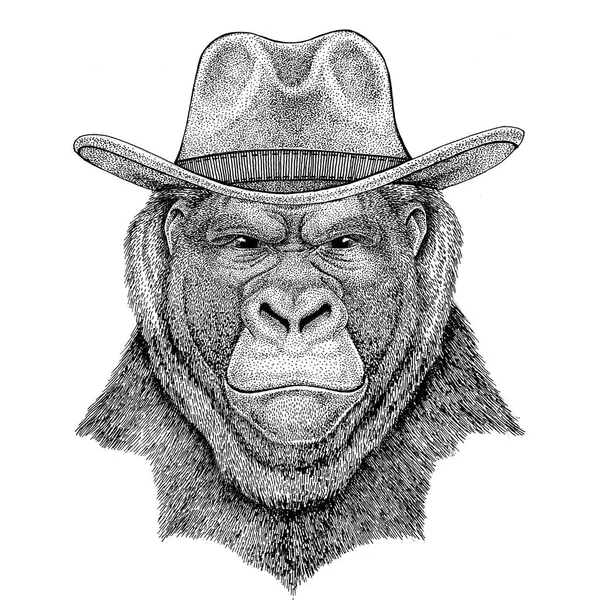 Aap, gorilla, ape Frightful dierlijke Wild dier dragen cowboyhoed wilde westen dierlijke Cowboy dier T-shirt, poster, banner, badge ontwerp — Stockfoto