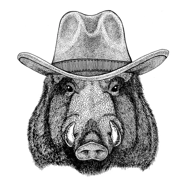 Aper, javali, porco, porco, javali Wild animal vestindo chapéu de cowboy Wild West animal Cowboy animal T-shirt, cartaz, bandeira, design de crachá — Fotografia de Stock