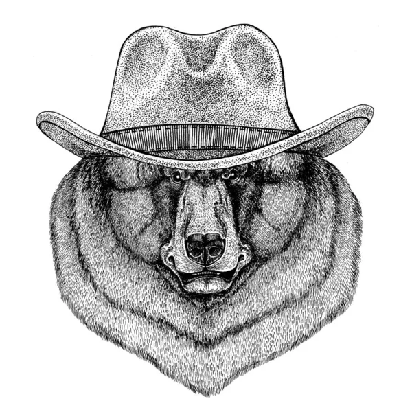 Fekete medve amerikai medve vadon élő állat viselése cowboy kalap vadnyugat állati Cowboy állat design póló, poszter, zászló, jelvény — Stock Fotó
