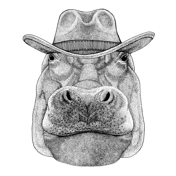 Hipopótamo, Hipopótamo, gigante, cavalo-rio Animal selvagem vestindo chapéu de cowboy Animal selvagem do oeste T-shirt do animal do vaqueiro, cartaz, bandeira, design do distintivo — Fotografia de Stock