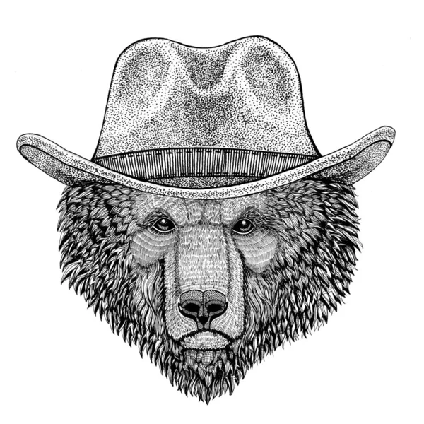 棕色的熊俄罗斯熊野生动物戴着牛仔帽狂野西部动物牛仔动物 t 恤、 海报、 横幅、 徽章设计 — 图库照片