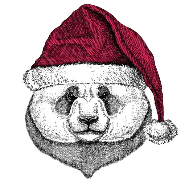 Panda, bambus niedźwiedź Boże Narodzenie ilustracja dzikich zwierząt, noszenie Boże Narodzenie santa claus kapelusz czerwony zimowe wakacje obraz szczęśliwego nowego roku — Zdjęcie stockowe