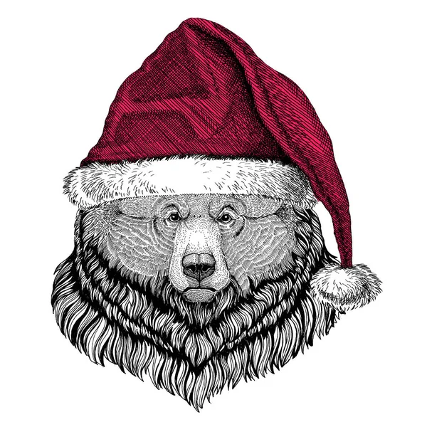 Orso grizzly Grande orso selvatico Illustrazione di Natale Animali selvatici che indossano il cappello di Natale Babbo Natale Cappello invernale rosso Foto delle vacanze Felice anno nuovo — Foto Stock