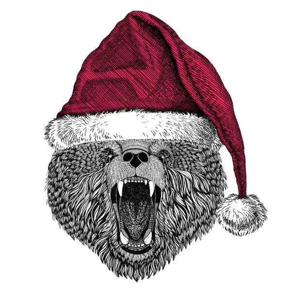 Бурый медведь Русский медведь Рождественская иллюстрация Дикое животное в рождественской шляпе Санта Клауса Красная зимняя шляпа Праздничная картина С Новым годом — стоковое фото