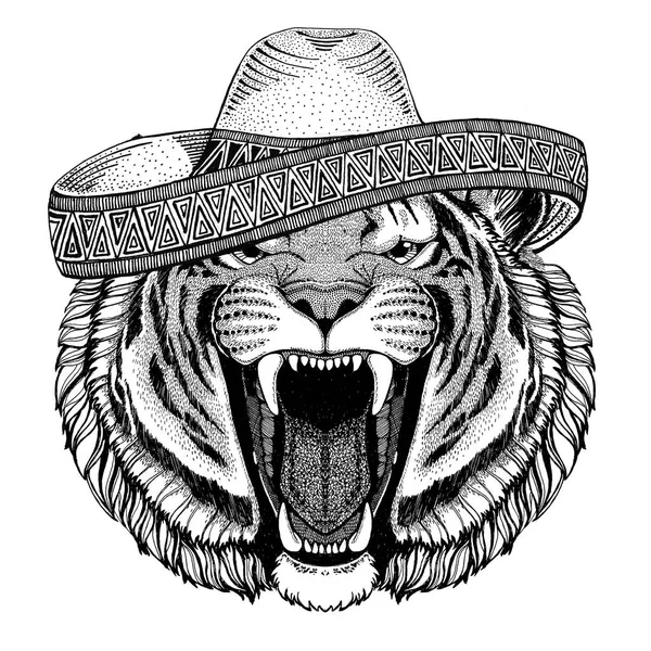 野生のトラ野生動物身に着けているソンブレロ メキシコ フィエスタ メキシコ パーティー野生の西の図 — ストック写真