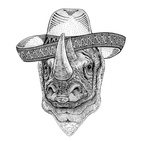 Rhinoceros, rhino Wild animal wearing sombrero Mexico Fiesta Mexican party illustration Wild west — Stock Photo, Image