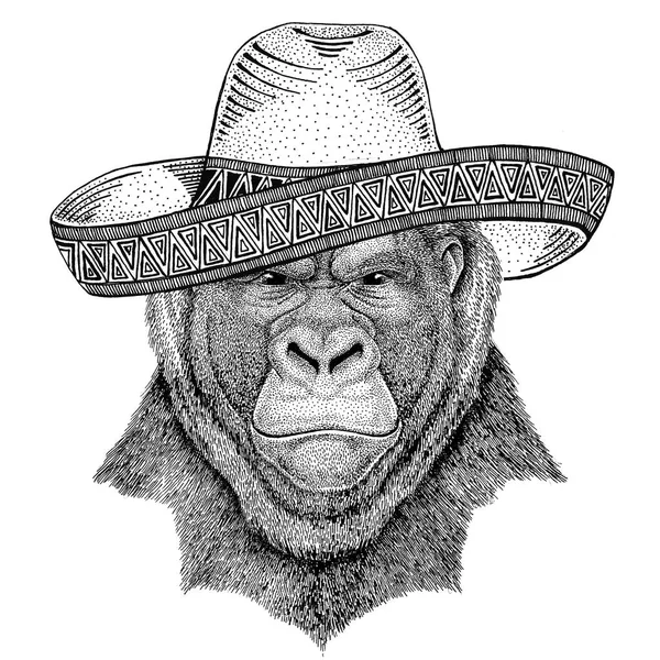 Aap, gorilla, ape Frightful dierlijke Wild dier dragen sombrero Mexico Fiesta Mexicaanse partij illustratie wilde westen — Stockfoto