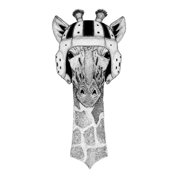 Camelopardo, jirafa Animal salvaje con casco de rugby Ilustración deportiva —  Fotos de Stock
